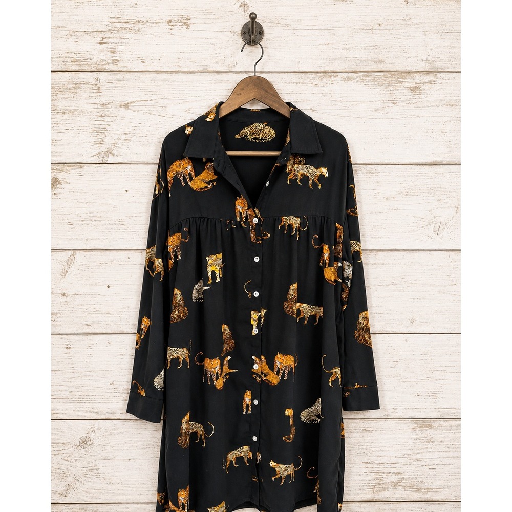 Top It Off Shirt Dress‎ Leopard Cheetah Animal Print Black M/L
